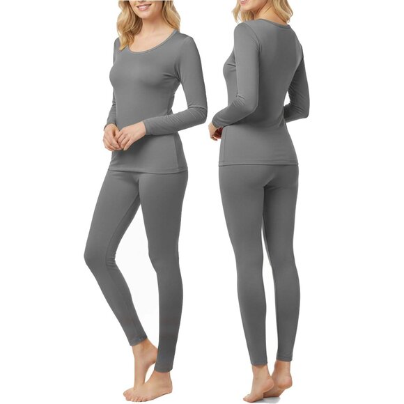 Women Microfiber Fleece Thermal Set Base Layer Top & Bottom, Winter Warm, Gray - Picture 2 of 3